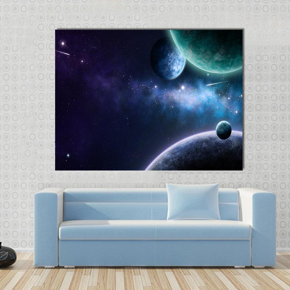Blue &amp; Purple Nebula Canvas Wall Art in black, blue and purple, single panel hung on a wall