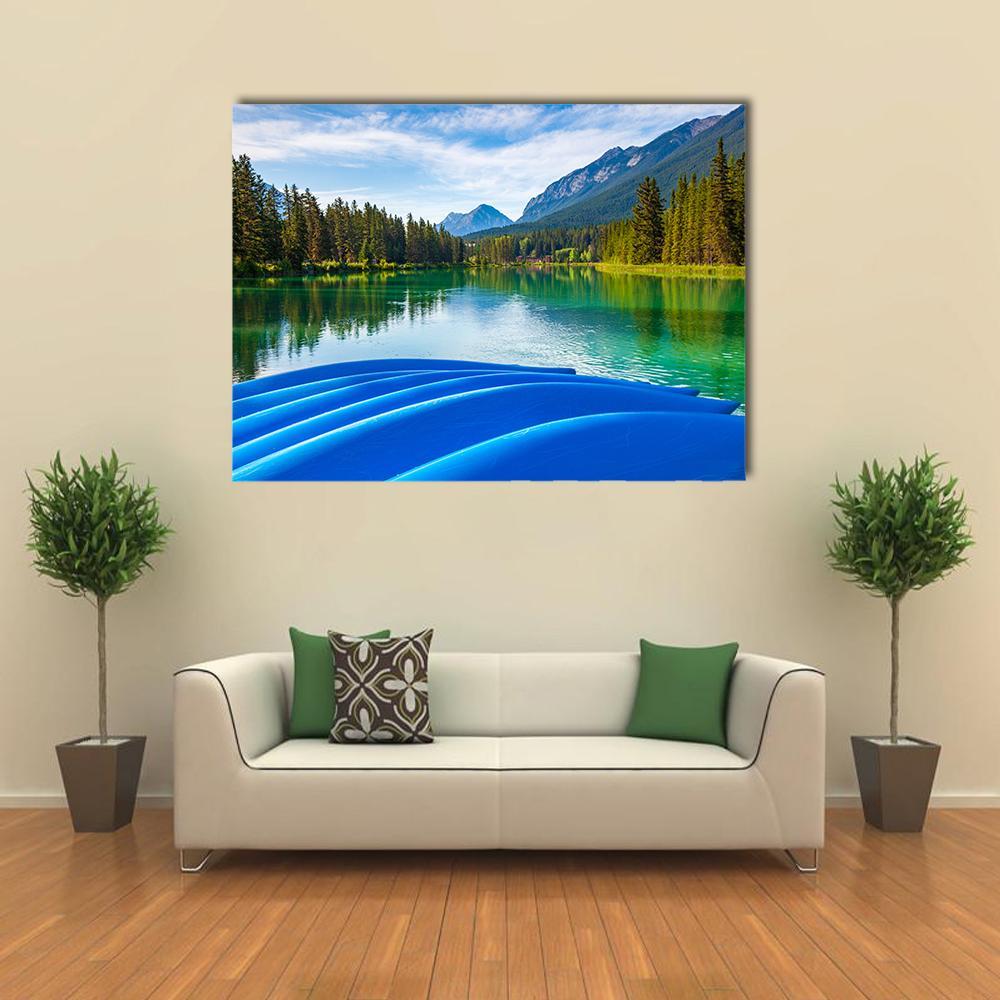 Blue Canoes On Bow River Canvas Wall Art-1 Piece-Gallery Wrap-48" x 32"-Tiaracle