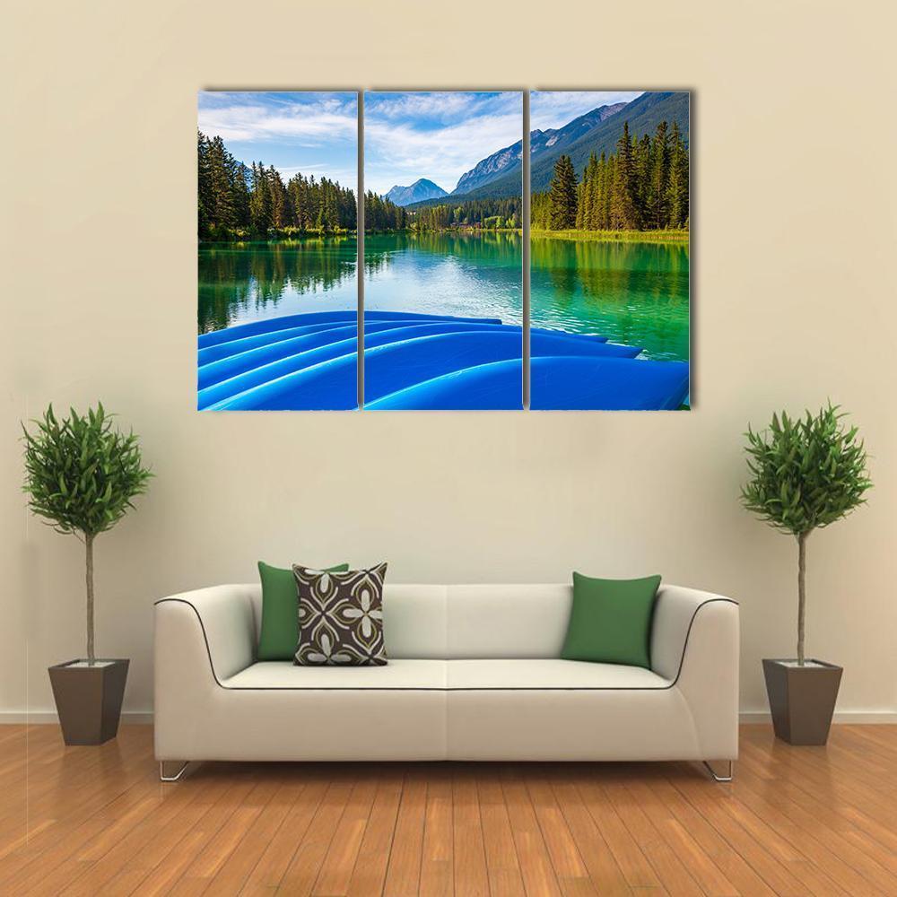 Blue Canoes On Bow River Canvas Wall Art-3 Horizontal-Gallery Wrap-37" x 24"-Tiaracle