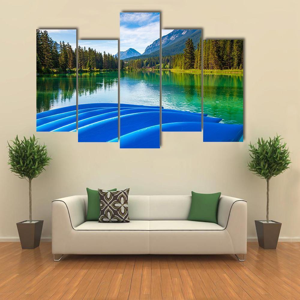 Blue Canoes On Bow River Canvas Wall Art-5 Pop-Gallery Wrap-47" x 32"-Tiaracle
