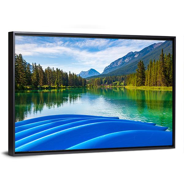 Blue Canoes On Bow River Canvas Wall Art-3 Horizontal-Gallery Wrap-25" x 16"-Tiaracle
