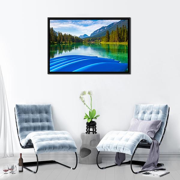 Blue Canoes On Bow River Canvas Wall Art-3 Horizontal-Gallery Wrap-25" x 16"-Tiaracle