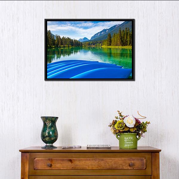 Blue Canoes On Bow River Canvas Wall Art-1 Piece-Floating Frame-24" x 16"-Tiaracle