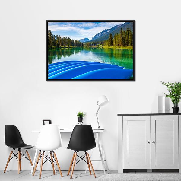 Blue Canoes On Bow River Canvas Wall Art-3 Horizontal-Gallery Wrap-25" x 16"-Tiaracle