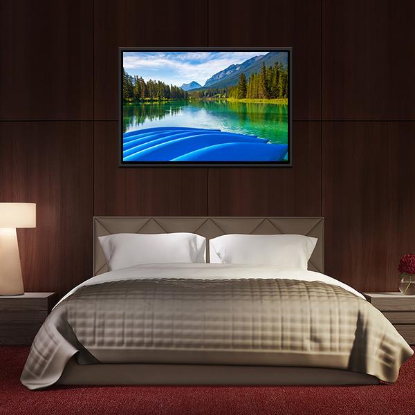 Blue Canoes On Bow River Canvas Wall Art-3 Horizontal-Gallery Wrap-25" x 16"-Tiaracle