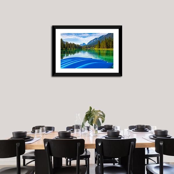 Blue Canoes On Bow River Canvas Wall Art-3 Horizontal-Gallery Wrap-25" x 16"-Tiaracle