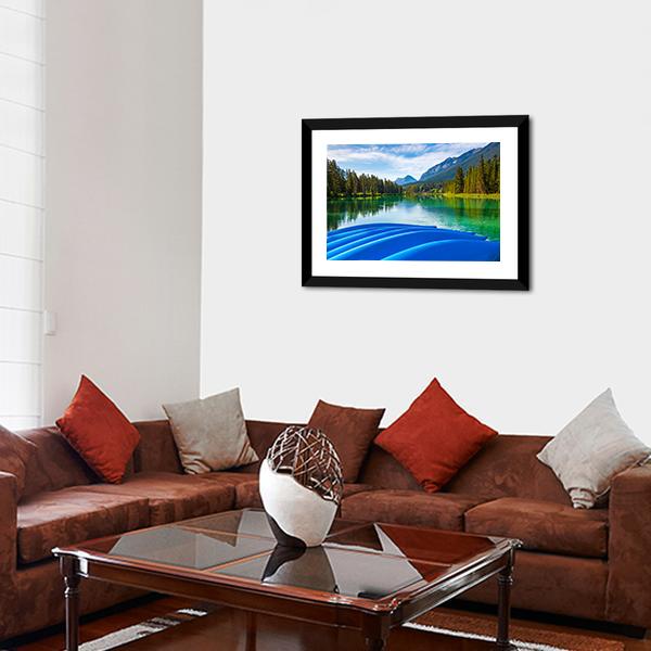 Blue Canoes On Bow River Canvas Wall Art-3 Horizontal-Gallery Wrap-25" x 16"-Tiaracle