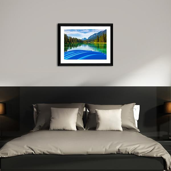 Blue Canoes On Bow River Canvas Wall Art-3 Horizontal-Gallery Wrap-25" x 16"-Tiaracle