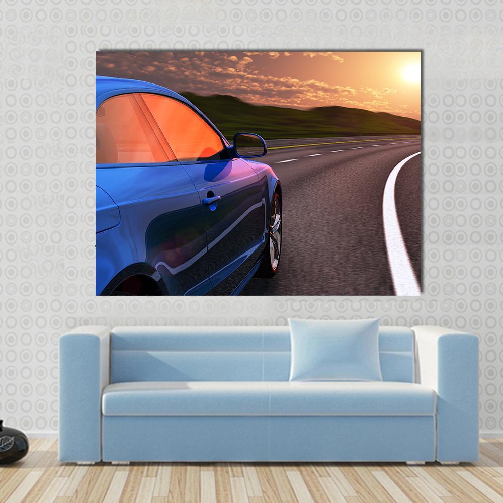 Blue Car Sunset Canvas Wall Art in gray, orange and blue, single panel hung on a wall