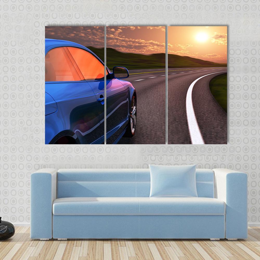 Blue Car In Sunset Canvas Wall Art-3 Horizontal-Gallery Wrap-37" x 24"-Tiaracle