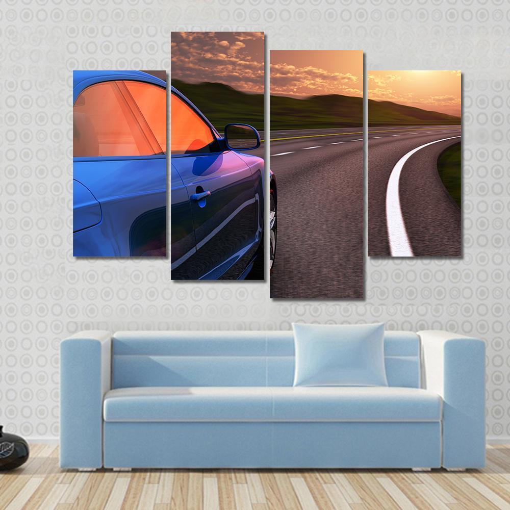 Blue Car In Sunset Canvas Wall Art-4 Pop-Gallery Wrap-50" x 32"-Tiaracle