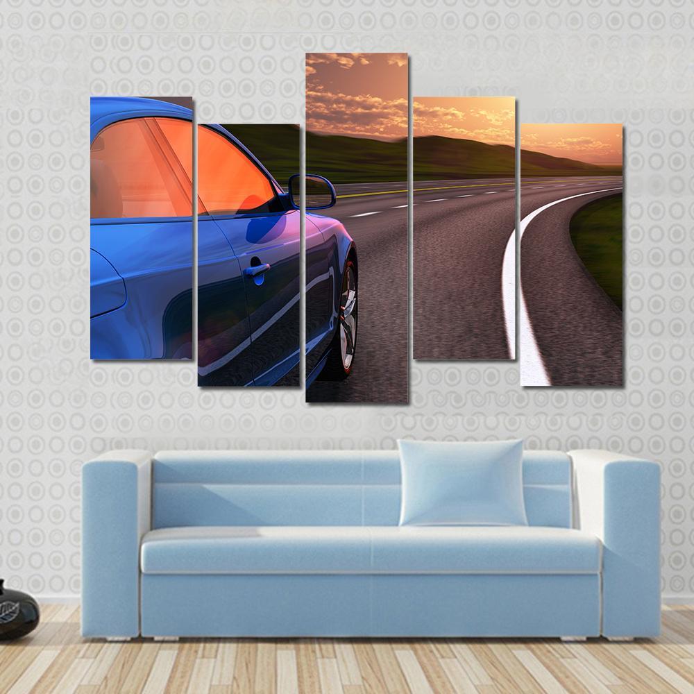 Blue Car In Sunset Canvas Wall Art-5 Pop-Gallery Wrap-47" x 32"-Tiaracle