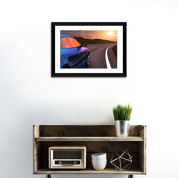 Blue Car In Sunset Canvas Wall Art-1 Piece-Framed Print-20" x 16"-Tiaracle