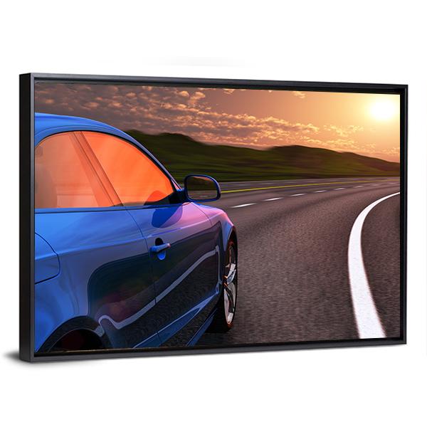 Blue Car In Sunset Canvas Wall Art-3 Horizontal-Gallery Wrap-25" x 16"-Tiaracle