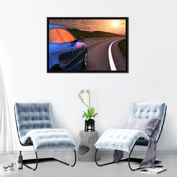 Blue Car In Sunset Canvas Wall Art-3 Horizontal-Gallery Wrap-25" x 16"-Tiaracle