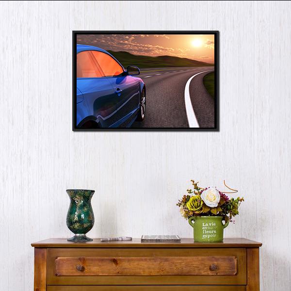Blue Car In Sunset Canvas Wall Art-1 Piece-Floating Frame-24" x 16"-Tiaracle