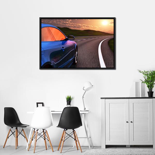 Blue Car In Sunset Canvas Wall Art-3 Horizontal-Gallery Wrap-25" x 16"-Tiaracle