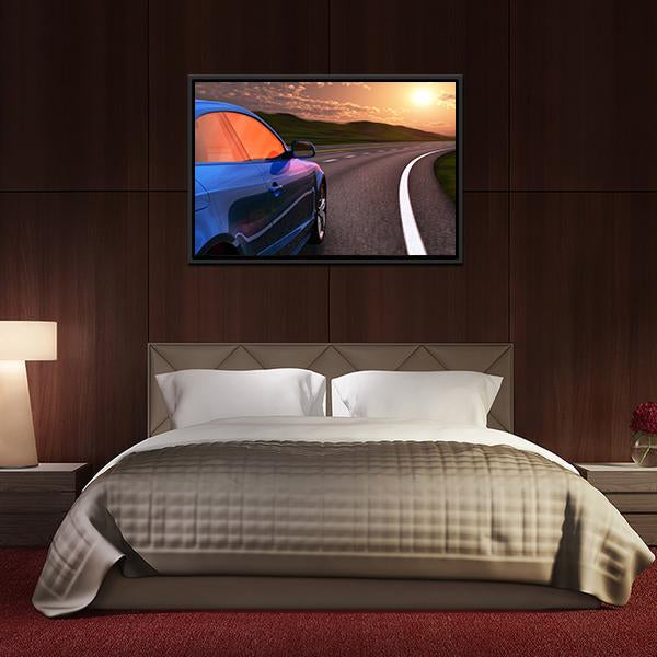 Blue Car In Sunset Canvas Wall Art-3 Horizontal-Gallery Wrap-25" x 16"-Tiaracle