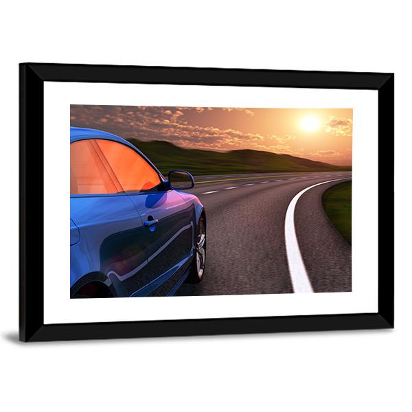 Blue Car In Sunset Canvas Wall Art-3 Horizontal-Gallery Wrap-25" x 16"-Tiaracle
