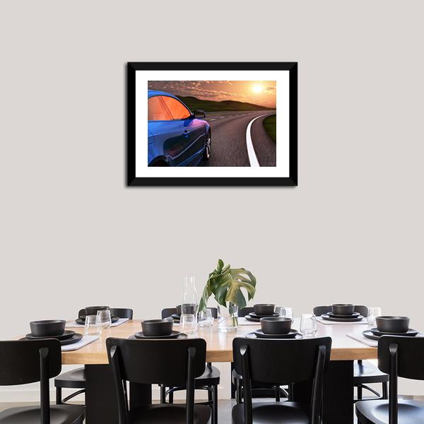 Blue Car In Sunset Canvas Wall Art-3 Horizontal-Gallery Wrap-25" x 16"-Tiaracle