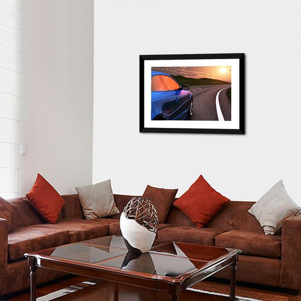 Blue Car In Sunset Canvas Wall Art-3 Horizontal-Gallery Wrap-25" x 16"-Tiaracle