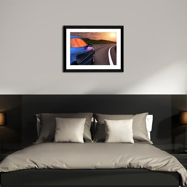 Blue Car In Sunset Canvas Wall Art-3 Horizontal-Gallery Wrap-25" x 16"-Tiaracle