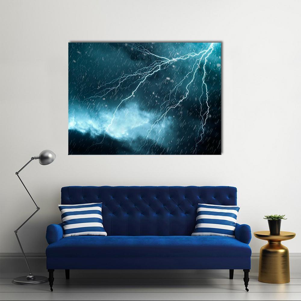 Dramatic Blue Lightning in Stormy Sky Canvas Wall Art in black, blue and navy, single panel hung on a wall