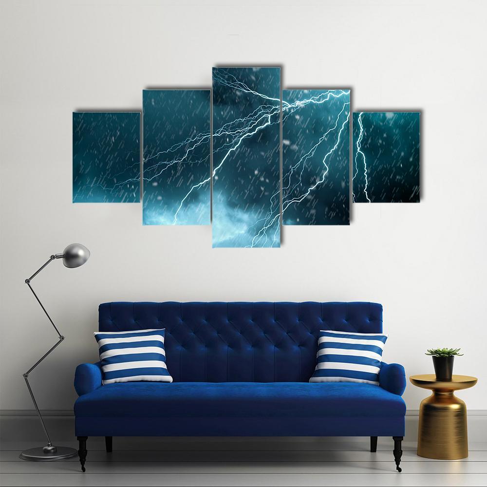 Blue Color Lightning Canvas Wall Art-5 Star-Gallery Wrap-62" x 32"-Tiaracle