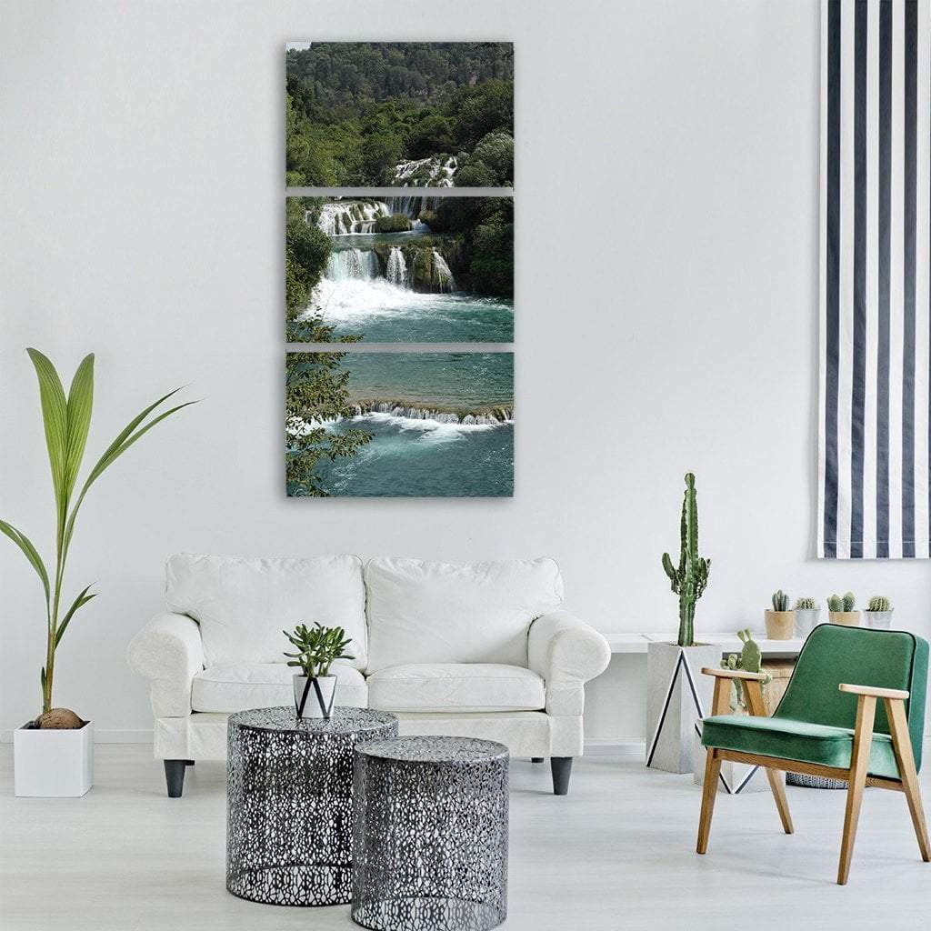 Waterfall In Summer Vertical Canvas Wall Art-3 Vertical-Gallery Wrap-12" x 25"-Tiaracle