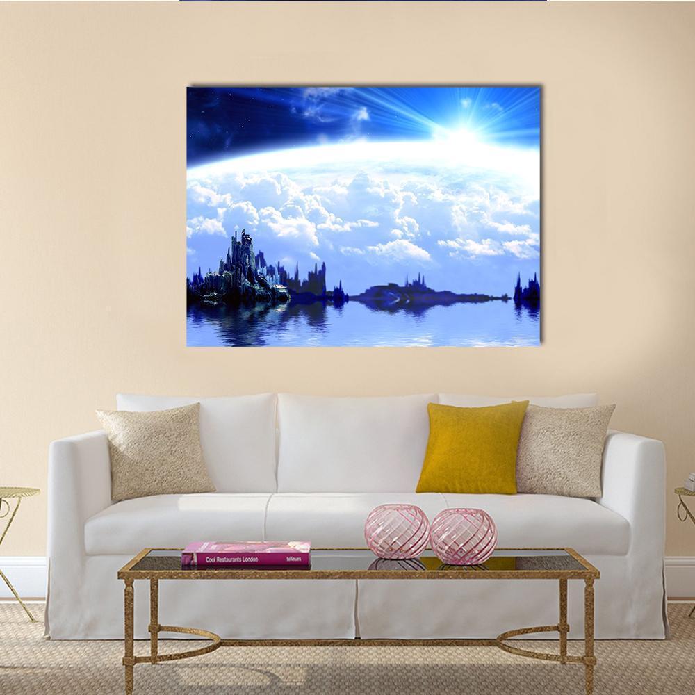 Blue Fantasy Planet with Castle Reflection Canvas Wall Art in white, blue and navy, single panel hung on a wall