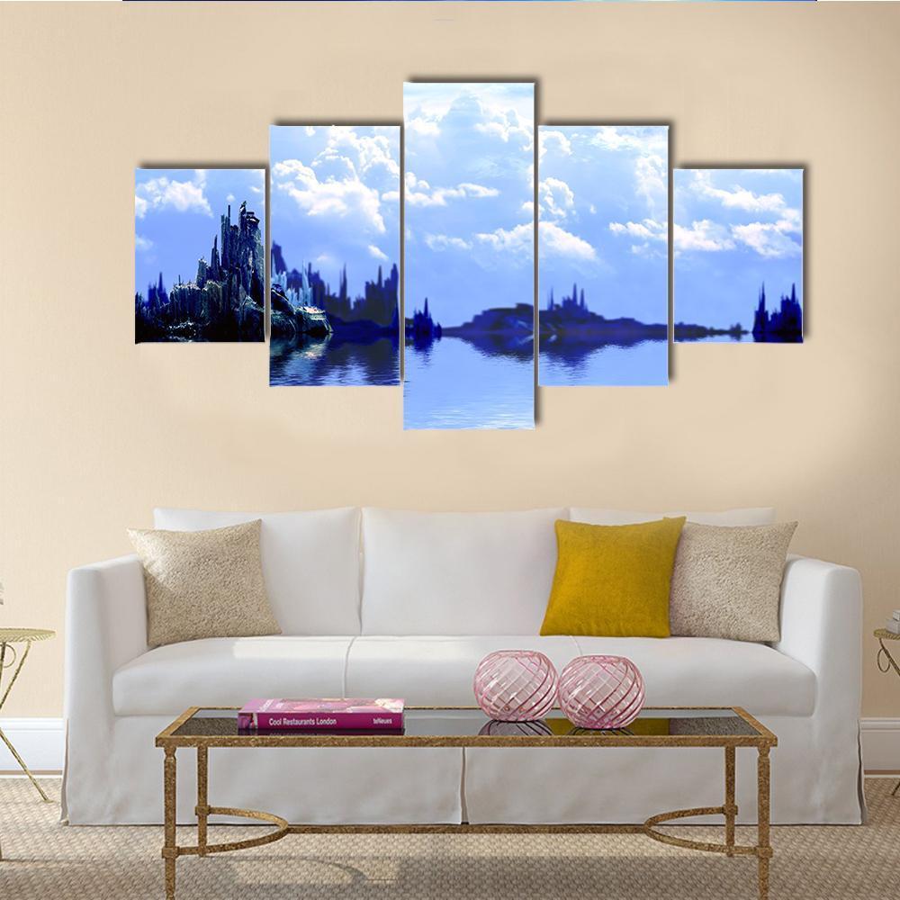 Blue Fantasy Planet Canvas Wall Art-5 Star-Gallery Wrap-62" x 32"-Tiaracle