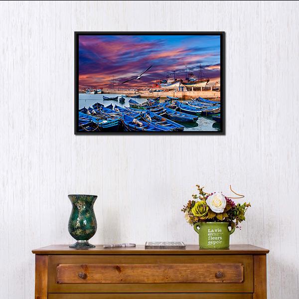 Blue Fishing Boats Morocco Canvas Wall Art-1 Piece-Floating Frame-24" x 16"-Tiaracle