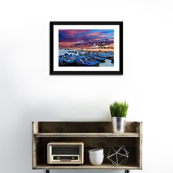 Blue Fishing Boats Morocco Canvas Wall Art-1 Piece-Framed Print-20" x 16"-Tiaracle