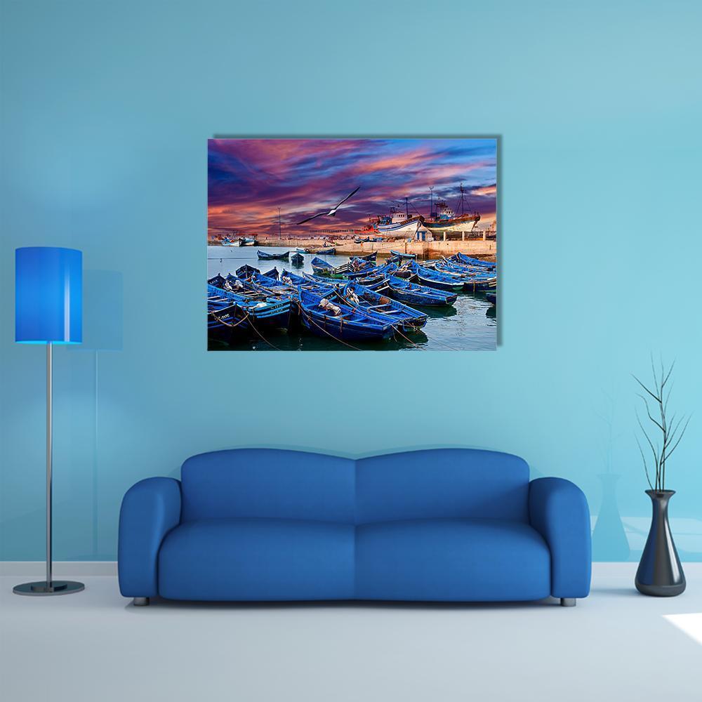 Blue Fishing Boats Morocco Canvas Wall Art-1 Piece-Gallery Wrap-48" x 32"-Tiaracle