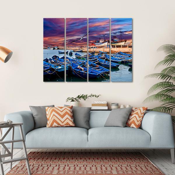 Blue Fishing Boats Morocco Canvas Wall Art-4 Horizontal-Gallery Wrap-34" x 24"-Tiaracle