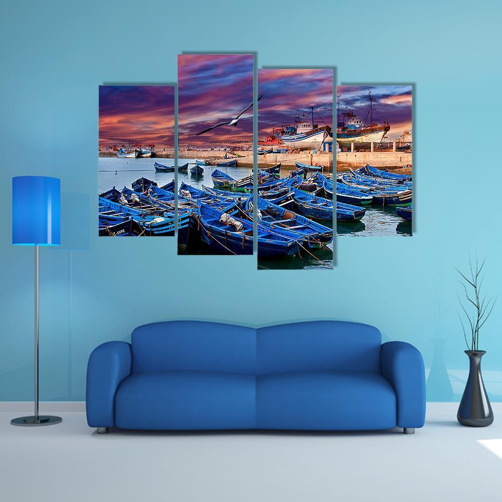 Blue Fishing Boats Morocco Canvas Wall Art-4 Pop-Gallery Wrap-50" x 32"-Tiaracle