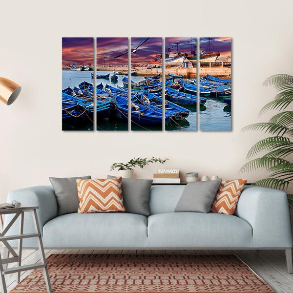 Blue Fishing Boats Morocco Canvas Wall Art-5 Horizontal-Gallery Wrap-22" x 12"-Tiaracle