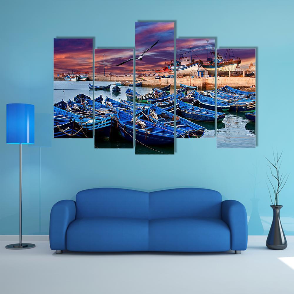 Blue Fishing Boats Morocco Canvas Wall Art-5 Pop-Gallery Wrap-47" x 32"-Tiaracle