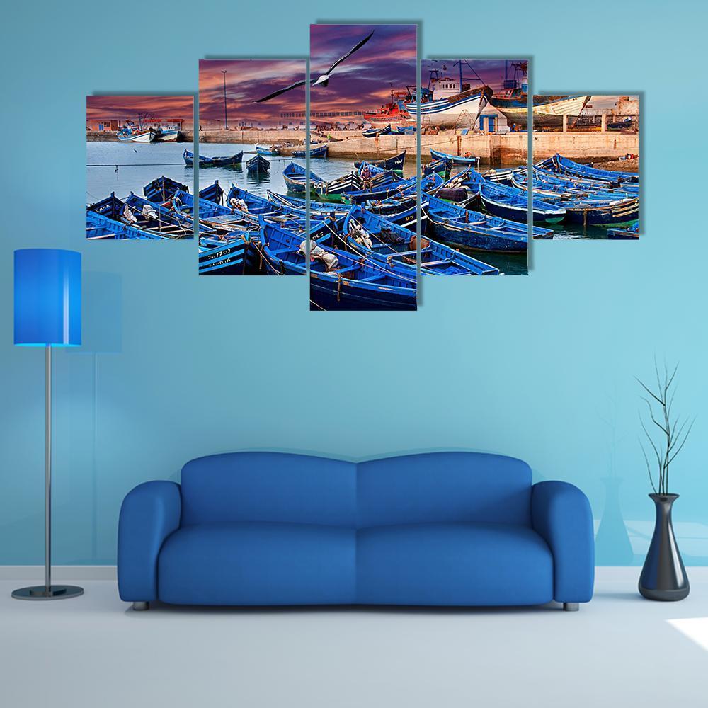 Blue Fishing Boats Morocco Canvas Wall Art-5 Star-Gallery Wrap-62" x 32"-Tiaracle
