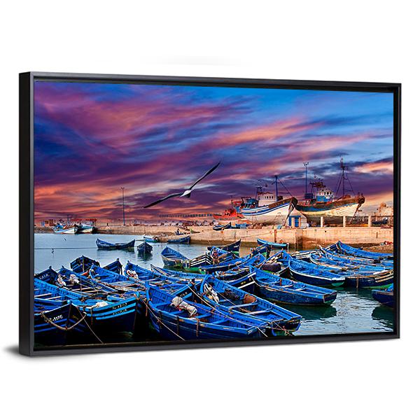 Blue Fishing Boats Morocco Canvas Wall Art-3 Horizontal-Gallery Wrap-25" x 16"-Tiaracle