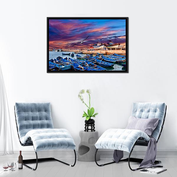 Blue Fishing Boats Morocco Canvas Wall Art-3 Horizontal-Gallery Wrap-25" x 16"-Tiaracle