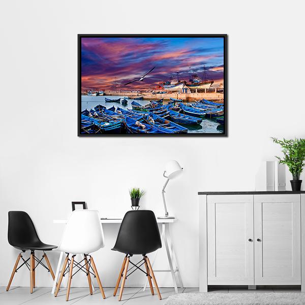 Blue Fishing Boats Morocco Canvas Wall Art-3 Horizontal-Gallery Wrap-25" x 16"-Tiaracle