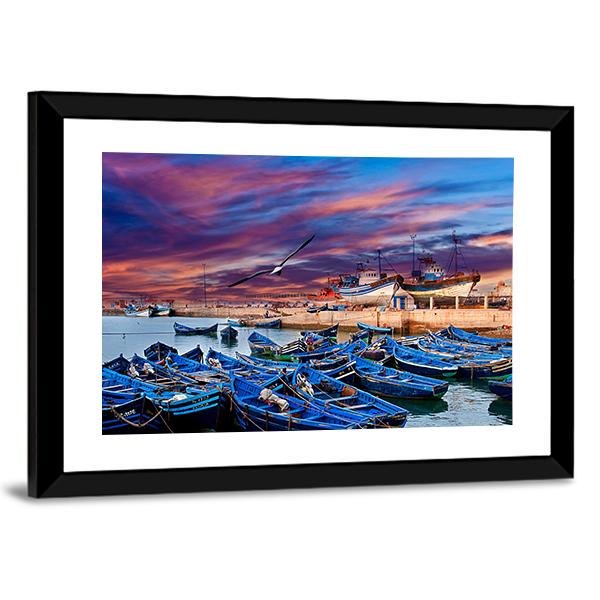 Blue Fishing Boats Morocco Canvas Wall Art-3 Horizontal-Gallery Wrap-25" x 16"-Tiaracle
