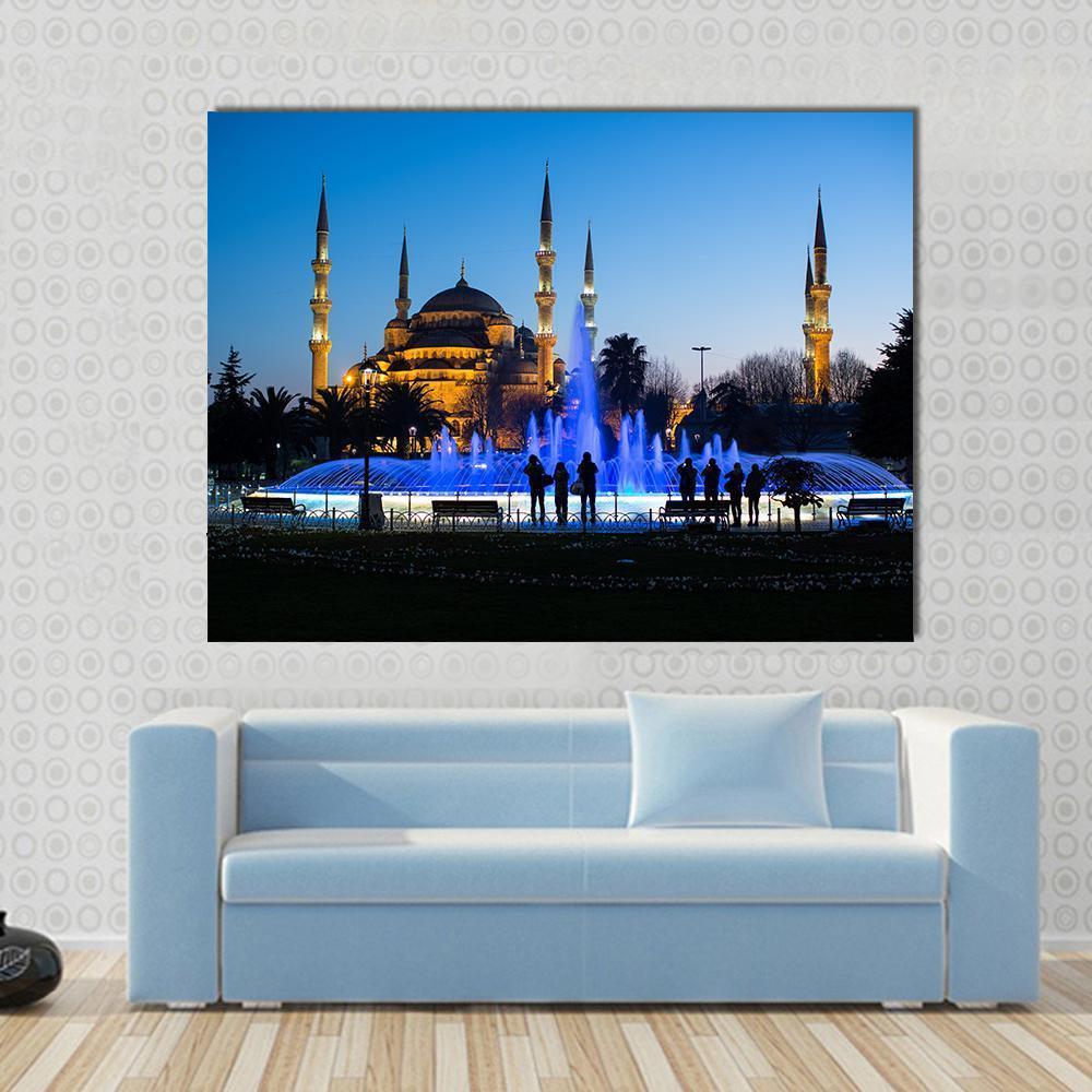 Blue Fountains at the Blue Mosque Canvas Wall Art in black, yellow and blue, single panel hung on a wall