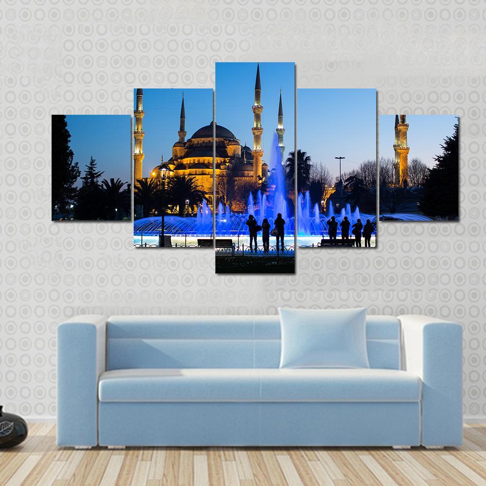 Blue Fountains At Blue Mosque Canvas Wall Art-5 Star-Gallery Wrap-62" x 32"-Tiaracle