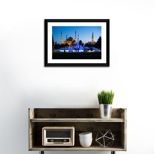 Blue Fountains At Blue Mosque Canvas Wall Art-1 Piece-Framed Print-20" x 16"-Tiaracle