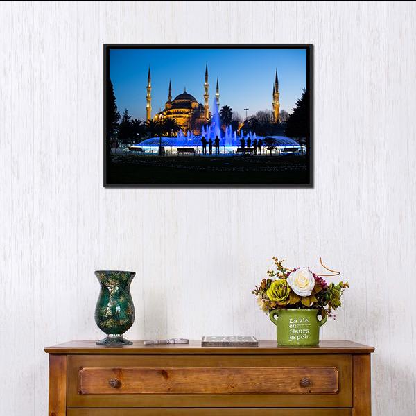 Blue Fountains At Blue Mosque Canvas Wall Art-1 Piece-Floating Frame-24" x 16"-Tiaracle