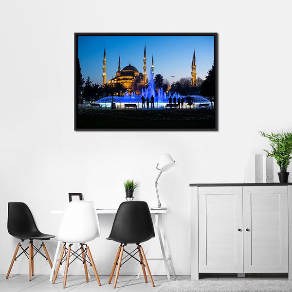 Blue Fountains At Blue Mosque Panoramic Canvas Wall Art-1 Piece-36" x 12"-Tiaracle