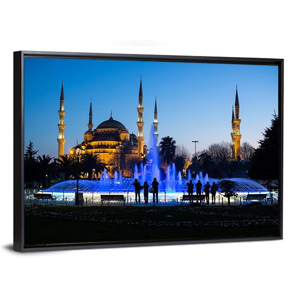 Blue Fountains At Blue Mosque Panoramic Canvas Wall Art-1 Piece-36" x 12"-Tiaracle