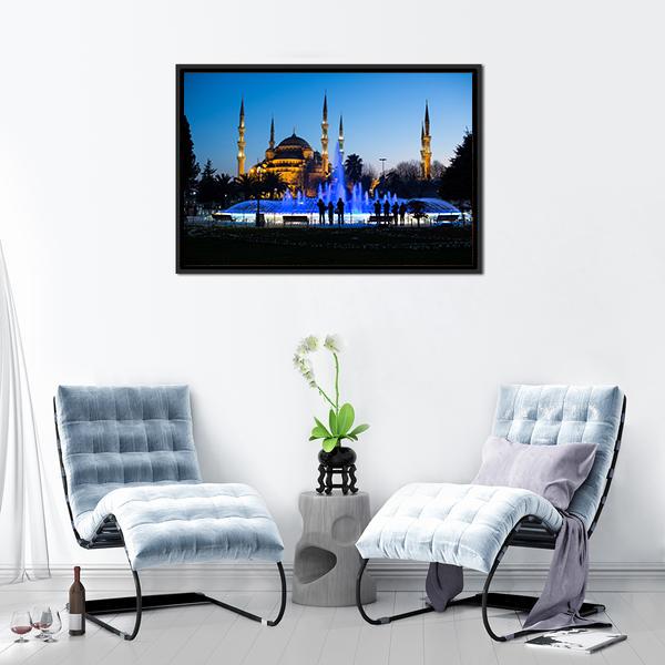 Blue Fountains At Blue Mosque Panoramic Canvas Wall Art-1 Piece-36" x 12"-Tiaracle